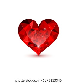 Happy Valentine's Day. Red ruby. Heart shape gemstone on white background. Vector illustration.