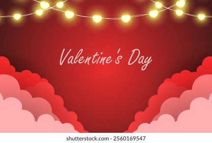 Happy Valentine's day with red sky and paper cut clouds. vector illustration