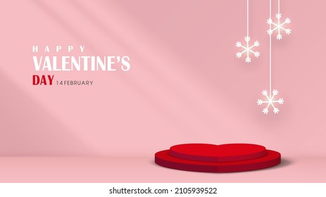Happy valentine's day. Red stage podium heart shape for product display. Window shadow, sunlight, snowflake hanging in Pink room at clean. Abstract scene vector illustration of love.
