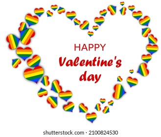 Happy valentines day red text surrounded with lgbt flag colored hearts