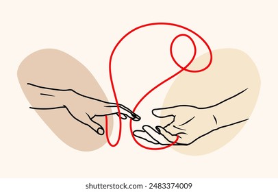 Happy valentine's day. Red thread of fate tied little fingers of two. Vector illustration.