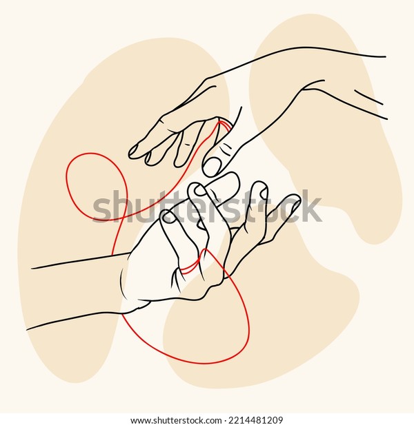Happy\
valentine\'s day. Red thread of fate tied little fingers of two.\
Hands of couple in love. Vector\
illustration.