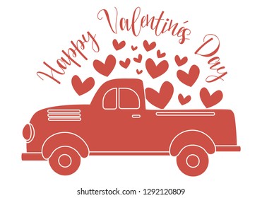 Happy Valentines Day Red Truck Vector Illustration.