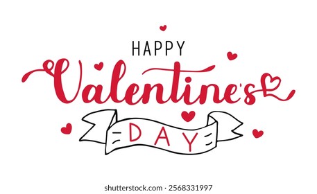 Happy Valentines Day red typography poster with hand drawn calligraphy text. Handwritten lettering isolated on white background with hearts