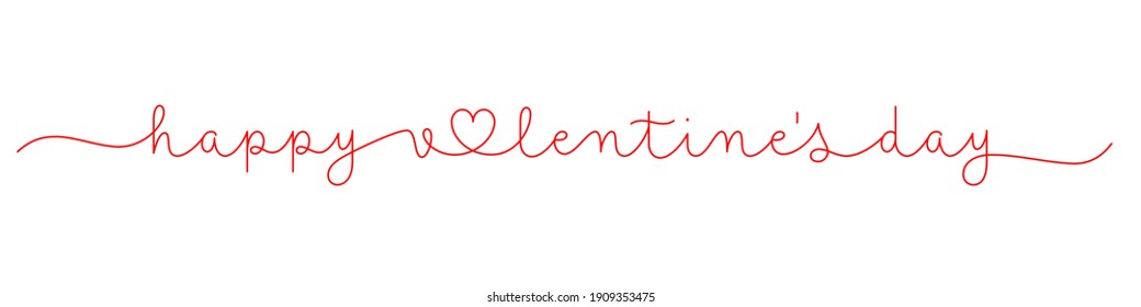 HAPPY VALENTINE'S DAY red vector monoline calligraphy banner with heart symbol and swashes