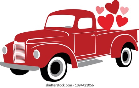 Happy Valentine's Day Red Vintage Truck with Hearts, Lovers Car, Red Car full of hearts, Lovers Day