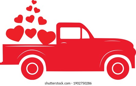 Happy Valentine's Day Red Vintage Truck With Hearts. Happy Valentines Sign. Valentines Vintage Truck Symbol.