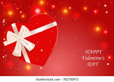 Happy Valentines day red web banner. Gift box with satin ribbon, glitter, confetti . Vector . Card. Background.