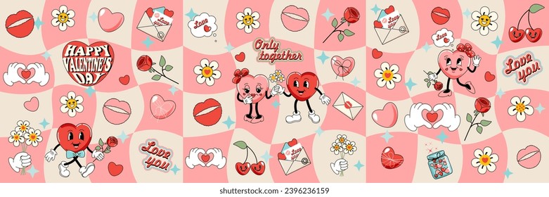 Happy Valentine's Day. Retro 60s, 70s banner. Seamless pattern, postcard, poster