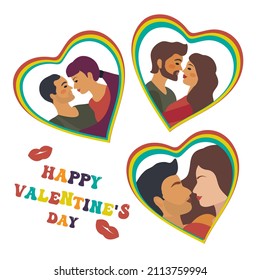 Happy Valentine's Day retro 70s poster set kissing couple in love. World Kiss Day. Abstract modern hippie illustration of love. Vector