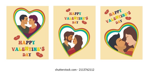 Happy Valentine's Day retro 70s poster set with kissing couple in love. World Kiss Day. Abstract modern hippie illustration of love. Vector
