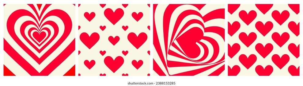 Happy Valentine's Day retro backgrounds with red hearts. Templates of greeting cards or posters in a groovy style. Vector illustrations in a y2k aesthetics.