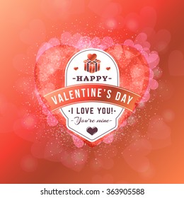 Happy Valentines Day Retro Badge. Valentines Day Greeting Card or Poster. Vector Illustration. Design Template with Red Background with Hearts
