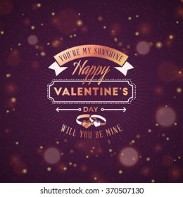 Happy Valentines Day Retro Badge. Valentines Day Greeting Card or Poster. Vector Illustration. Design Template with Dark Background with Hearts and Bokeh