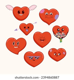 Happy Valentines day retro collection hearts. Cartoon mascot characters in groovy style. Love sticker set