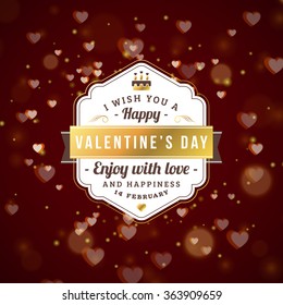 Happy Valentines Day Retro Golden Badge. Valentines Day Greeting Card or Poster. Vector Illustration. Design Template with Dark Background with Hearts and Bokeh