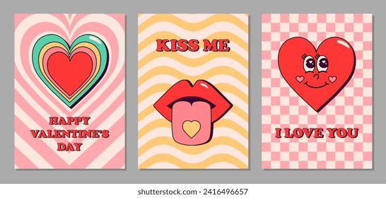 Happy Valentine's Day in Retro Groovy Style. Set of rectangular greeting cards, backgrounds, posters. Lips with tongue, heart with face and tunnel heart on checkered and striped background. Vector.