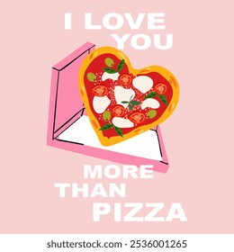 Cartaz retrô feliz Dia dos Namorados para arte de parede, cartão de presente Valentines, cartaz e convite. Cartão de dia dos namorados com pizza de coração bonito e eu te amo mais do que a tipografia de pizza