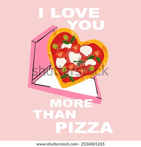 Happy Valentine's Day retro poster for wall art, Valentines gift card, poster and invitation. Valentine's day card with cute heart pizza and I Love you more than pizza typography