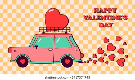 
Happy Valentine's Day in retro style. Funny cartoon car on a checkered background. Car with heart on top of trunk and hearts coming out of the exhaust pipe. Love and romance. Vector.