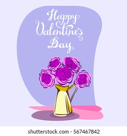 Happy Valentines Day retro style clip art with bouquet of roses in yellow jug. Hand drawn celebration lettering. Abstract flowers and calligraphy handwritten greeting phrase. Vector illustration.