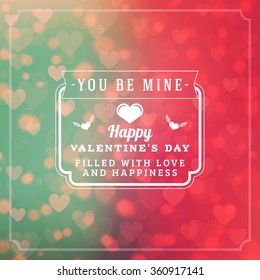 Happy Valentines Day Retro Typographical Badge. Valentines Day Card. Valentine Poster. Vector Illustration. Design Template on Saturated Abstract Background with Hearts