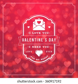 Happy Valentines Day Retro Typographical Badge. Valentines Day Card. Valentine Poster. Vector Illustration. Design Template on Saturated Abstract Background with Hearts