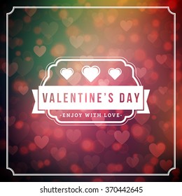 Happy Valentines Day Retro Typographical Badge. Valentines Day Card. Valentine Poster. Vector Illustration. Design Template on Saturated Abstract Background with Hearts