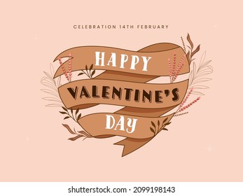 Happy Valentine's Day Ribbon In Heart Shape Decorated With Floral On Pink Background.