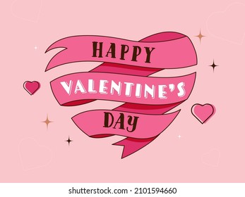 Happy Valentine's Day Ribbon In Heart Shape On Pink Background.