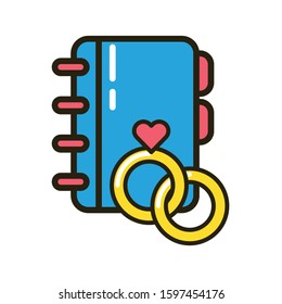 happy valentines day rings with heart and diary vector illustration design