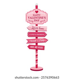 Happy Valentine's Day road sign. Valentine's pointer with arrows true love, lovers Lane, hugs and kiss, Cupid's Crossing. Illustrated vector clipart.