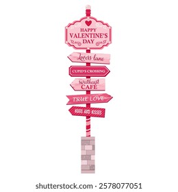 Happy Valentine's Day road sign  on a stone pedestal. Valentine's pointer with arrows true love, lovers Lane, hugs and kiss, Cupid's Crossing. Illustrated vector clipart.