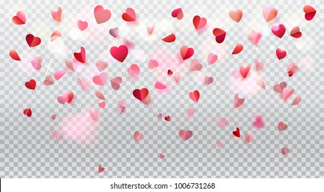 Happy Valentines Day romance background with heart shapes blurred confetti rose petals, flying, red pink color transparent bokeh lights vector decoration, greeting card anniversary, love day celebrate