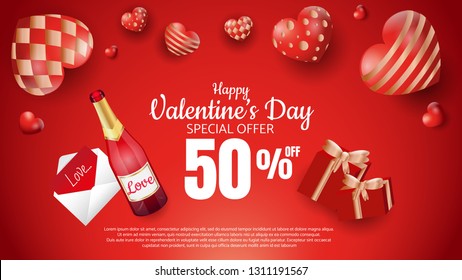 Happy valentines day romance greeting card with red hearts and copy space banner special offer