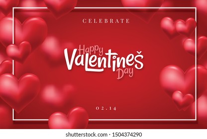 Happy Valentines Day romance greeting card with 3D hearts. Vector illustration