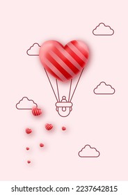 Happy valentines day romance greeting card with red hearts. Rose cloudscape border frame pastel colors. Vector illustration. Saint Valentine's day concept.