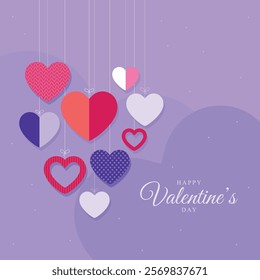 Happy Valentines Day romance greeting card with red and pink hearts background