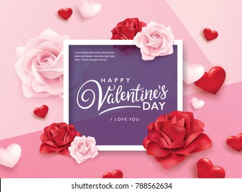 Happy Valentines Day Romance Greeting Card With Roses And Hearts