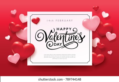 Happy Valentines Day romance greeting card with red and pink hearts background