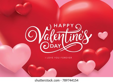 Happy Valentines Day romance greeting card with red and pink hearts background