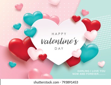 Happy Valentines Day romance greeting card with 3D hearts