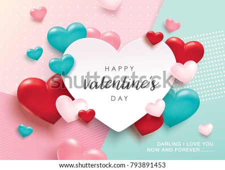 Happy Valentines Day romance greeting card with 3D hearts