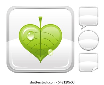 Happy Valentines day romance love heart. Green leaf icon isolated on white background. Romantic dating vector illustration. Button icons set. Abstract template holiday design. Flat cute cartoon sign.