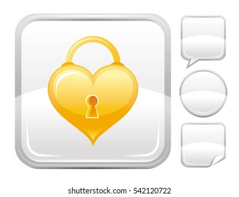 Happy Valentines day romance love heart. Golden lock icon isolated on white background. Romantic dating vector illustration. Button icons set. Abstract template holiday design. Flat cute cartoon sign.