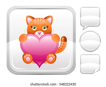 Happy Valentines day romance love cat kitten toy icon isolated white background. Cute animal romantic dating vector illustration. Silver button icons set. Abstract holiday design. Flat cartoon sign.

