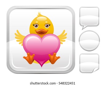 Happy Valentines day romance love duckling toy icon isolated white background. Cute animal romantic dating vector illustration. Silver button icons set. Abstract holiday design. Flat cartoon sign.

