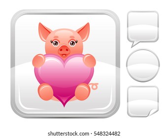 Happy Valentines day romance love pig toy icon isolated white background. Cute animal romantic dating vector illustration. Silver button icons set. Abstract holiday design. Flat cartoon sign.

