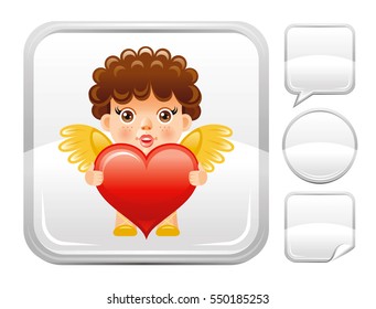 Happy Valentines day romance love heart.  cupid angel icon isolated white background. Romantic dating vector illustration. Button icons set. Abstract template holiday design. Flat cute cartoon sign