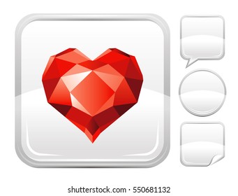 Happy Valentines day romance love, ruby gem stone jewelry heart. Icon isolated white background. Romantic dating vector illustration. Button icons set. Abstract holiday design. Flat cute cartoon sign